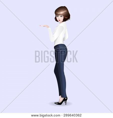 Young Woman In Jeans Posing Sideways, In Black High-heeled Shoes, Isolated On Light Background. Vect