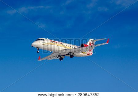 Moscow, Russia - March 14, 2019: Aircraft Bombardier Crj-200 Vq-bff Of Rusline Airine Going To Landi