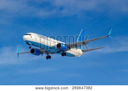 Moscow, Russia - March 14, 2019: Aircraft Boeing 737-800 Vp-bps Of Pobeda Airine Going To Landing At