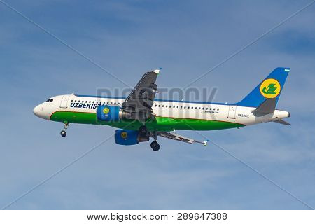 Moscow, Russia - March 14, 2019: Aircraft Airbus A320-200 Uk32012 Of Uzbekistan Airways Going To Lan