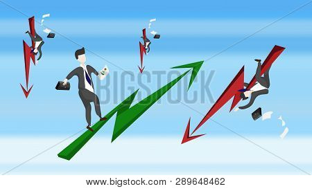 Businessmen Are Happy With The Stock. Green Arrow With The Other Side Of The Businessmen Who Are Str