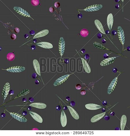Watercolor Wolf Berries Seamless Pattern, Hand Painted On A Dark Background