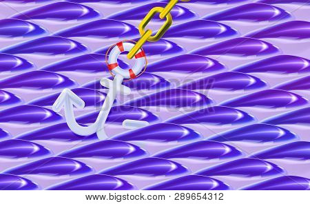 Blue Wavy Background Or White Nautical Anchor 3d, Rounded Plastic Realistic Toy. Banner Ship Equipme
