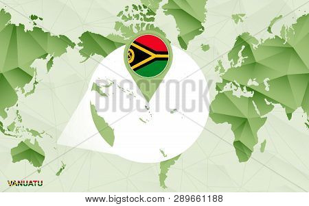 America Centric World Map With Magnified Vanuatu Map. Green Polygonal World Map.