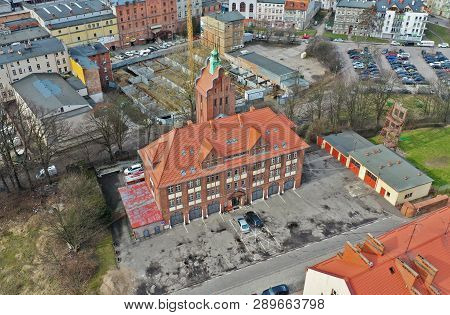 Koszalin, Poland - 06 March 2019 - Aerial View On Koszalin City Center With Firefighters Headquarter