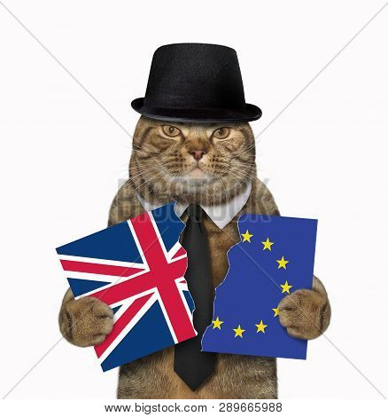 The Funny Cat In A Black Hat Holds A Banner Torn In Half. One Part Is The Flag Of Great Britain And 