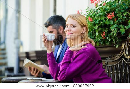 Couple Terrace Drinking Coffee. Casual Meet Acquaintance Public Place. Apps Normal Way To Meet And C