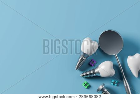 Implant Screw Teeth And Mirror, Blue Background