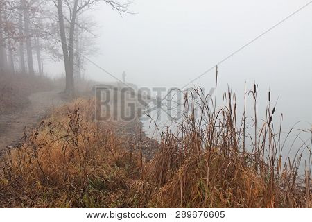 Barren Autumn Trees, Dying Grasses And Dense Fog Surround At  Lands Endas A Fisherman Casts Into The