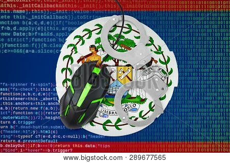Belize Flag  And Handcuffed Computer Mouse. Combating Computer Crime, Hackers And Piracy
