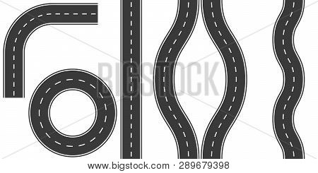 Set Of Roads With Markings, Vector Illustration Options Road Curvature Turn, Detour, Ring