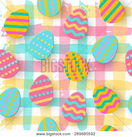 Seamless Pattern Of Easter Egg Paper Cut Style. Cute Layered Eggs Hunt Greeting Card. Geometric Holi