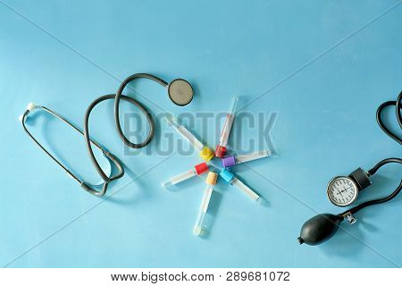 Phonendoscope Stethoscope, Sphygmomanometer, Different Colored Empty Vacuum Venipuncture Test Tubes 