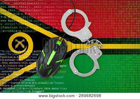 Vanuatu Flag  And Handcuffed Computer Mouse. Combating Computer Crime, Hackers And Piracy