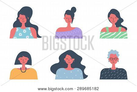 People Icons. Six Different Portraits Of Women In Flat Design. Differernt Hair Styling And Clothing.