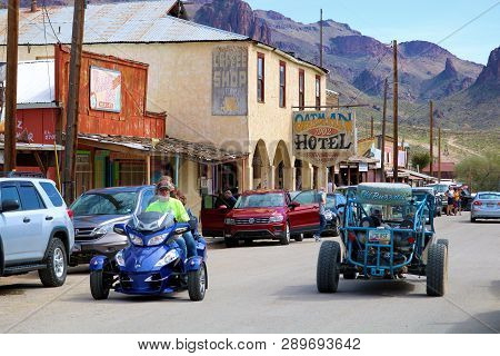 March 5, 2019 In Oatman, Az:  Rustic Buildings Including The Historic Oatman Hotel Surrounded By An 