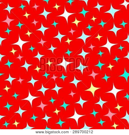 Seamless Pattern With Starlight Sparkles, Twinkling Stars. Shining Red Background. Cartoon Style. Go