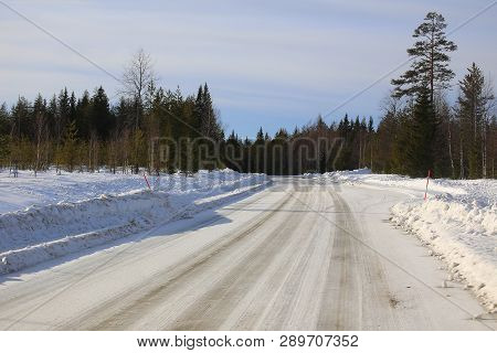 Icy Road In Northern Sweden During Winter