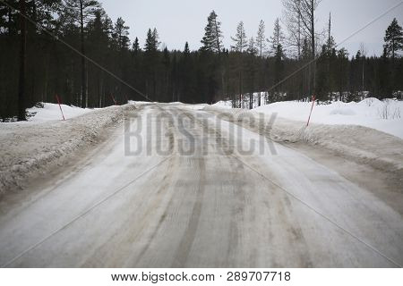 Icy Road In Northern Sweden During Winter