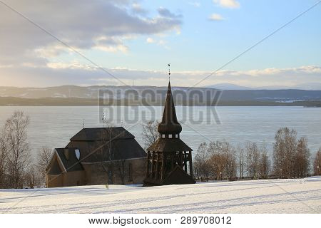 Hackas Church At Lake Storsjon, Jamtland, Sweden, In Winter