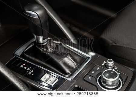 Novosibirsk, Russia - March 15, 2019:  Mazda Cx-5,close-up Of The Accelerator Handle And Buttons. Ph