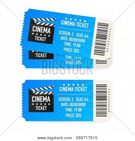 Cinema Tickets Isolated On White Background. Realistic Front View. Movie Banner. Cinema Movie Ticket
