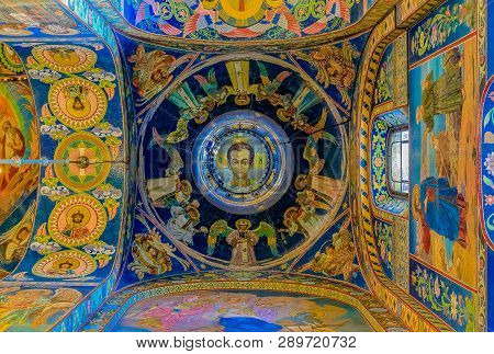 Saint Petersburg, Russia - September 9, 2017: Ornate Interior And Colorful Mosaic Icons Of Jesus Chr