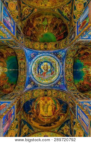 Saint Petersburg, Russia - September 9, 2017: Ornate Interior And Colorful Mosaic Icons Of Jesus Chr