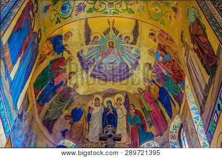 Saint Petersburg, Russia - September 9, 2017: Ornate Interior And Colorful Mosaic Icons Of The Churc