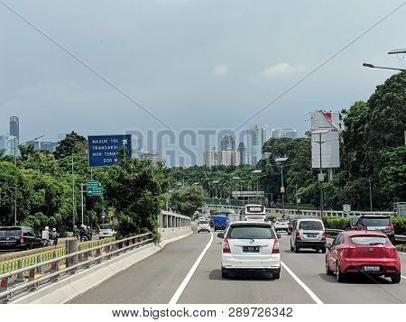 Jakarta, Indonesia - February 16, 2019: Cars Running On Jakarta Inner City Toll Road In Slipi Distri