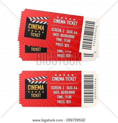 Cinema Tickets Isolated On White Background. Realistic Front View. Movie Banner. Cinema Movie Ticket