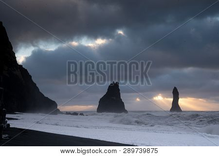 Rock Spire Of Reynisdrangur, Coast Of Reynisfjara Close To Vik, Iceland, Europe