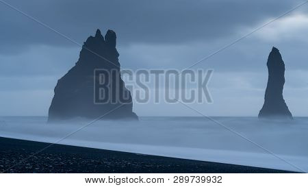 Rock Spire Of Reynisdrangur, Coast Of Reynisfjara Close To Vik, Iceland, Europe
