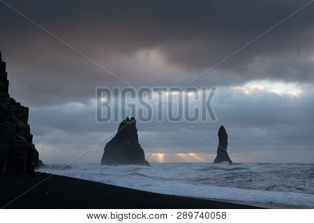 Rock Spire Of Reynisdrangur, Coast Of Reynisfjara Close To Vik, Iceland, Europe
