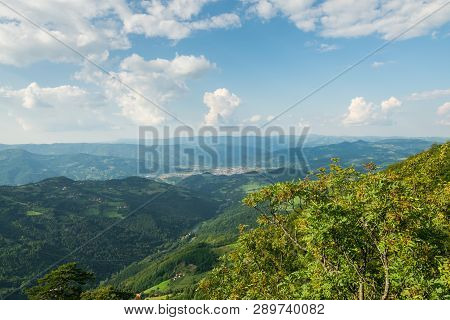 Cycling Through Forest On A Rainy Day.mountain Layers Landscape. Summer In Mountain Forest Landscape