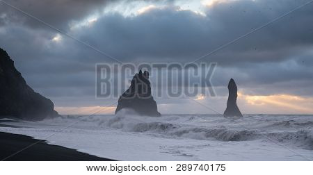 Rock Spire Of Reynisdrangur, Coast Of Reynisfjara Close To Vik, Iceland, Europe