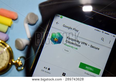 Bekasi, West Java, Indonesia. March 16, 2019 : Kaspersky Vpn - Secure Connection Dev App With Magnif