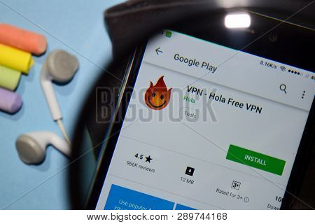 Bekasi, West Java, Indonesia. March 16, 2019 : Vpn - Hola Free Vpn Dev App With Magnifying On Smartp