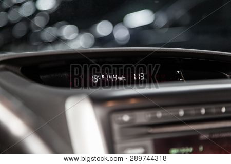 Novosibirsk, Russia - March 14, 2019:  Subaru Forester,close-up Of The Dashboard With Clock. Photogr