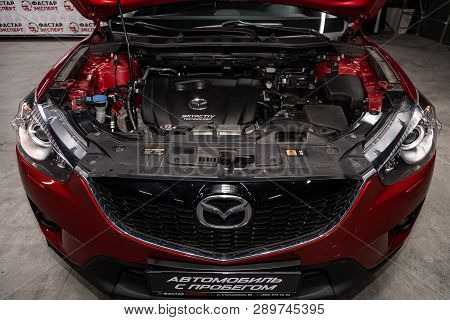 Novosibirsk, Russia - March 15, 2019:  Mazda Cx-5,close-up Of The Engine, Front View. Photography Of