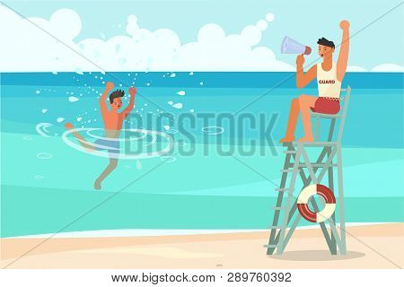 Young Man Drowns In The Sea And Asks For Help. Male Lifeguard Saving A Drowner, Professional Rescuer