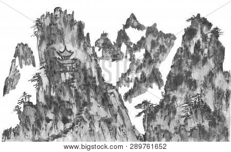 Mountain Landscape In The Fog.  Watercolor And Ink Illustration In Style Sumi-e, U-sin, Go-hua. Orie