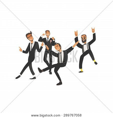 Dansing And Happy Groom And Groomsman On Wedding Ceremony In Flat Cartoon Style.