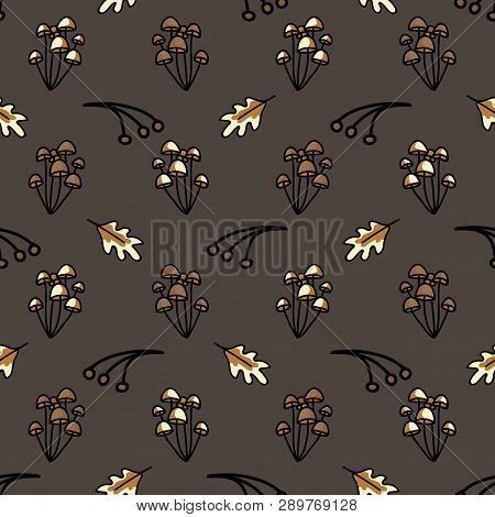 Cute Mushroom And Oak Leaf Cartoon Seamless Vector Pattern Background.