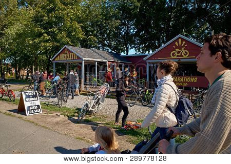 Montreal, Quebec, Canada, September 14, 2018: Bicycles For Hire At The Seafront Canal De Lachine. Th