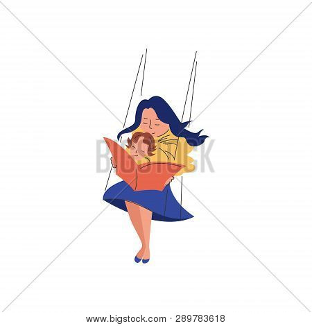 Vector Flat Illustration Mom On A Swing Reading A Kid His Favorite Book Wind Blows Happy Spends Time
