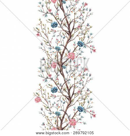 Beautiful Seamless Pattern With Watercolor Cute Flowers And Birds