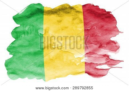 Mali Flag  Is Depicted In Liquid Watercolor Style Isolated On White Background