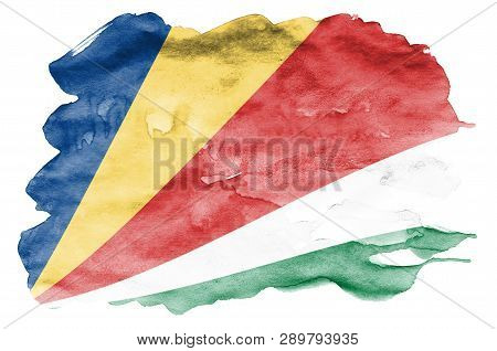 Seychelles Flag  Is Depicted In Liquid Watercolor Style Isolated On White Background