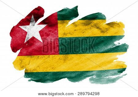 Togo Flag  Is Depicted In Liquid Watercolor Style Isolated On White Background